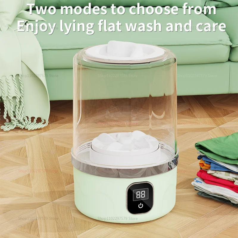 Tired of dealing with dirty laundry on the go? The Mini Portable Washing Machine is your compact solution No more hand washing or waiting at the laundromat. Clean clothes. Anytime. Anywhere.
