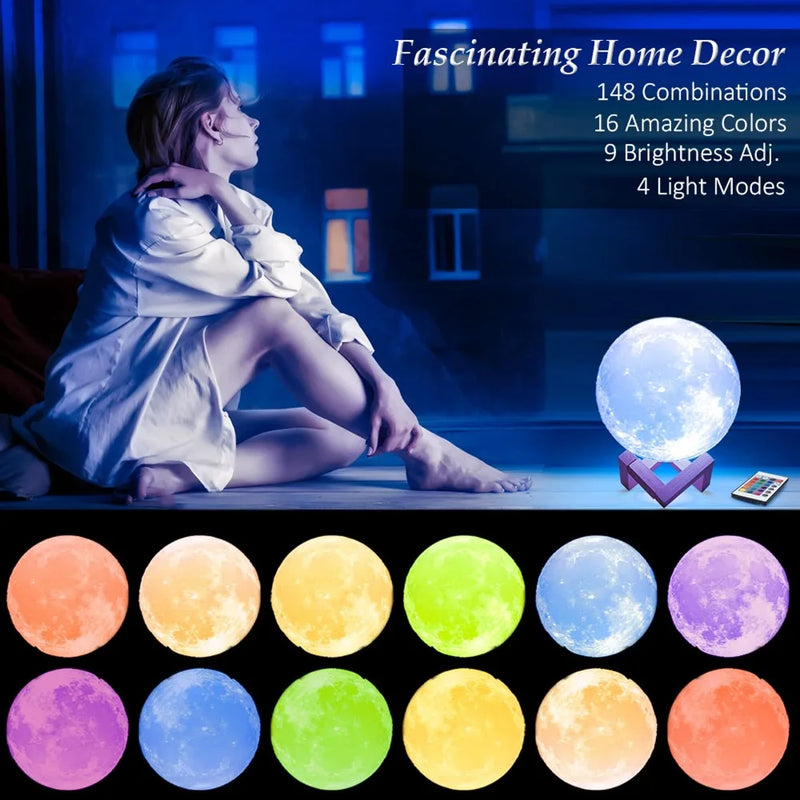 16 Color Moon Lamp 148 Light Modes LED Night Light,Christmas/Birthday Gift for Women & Kids with Wooden Stand & Remote 5.9 Inch